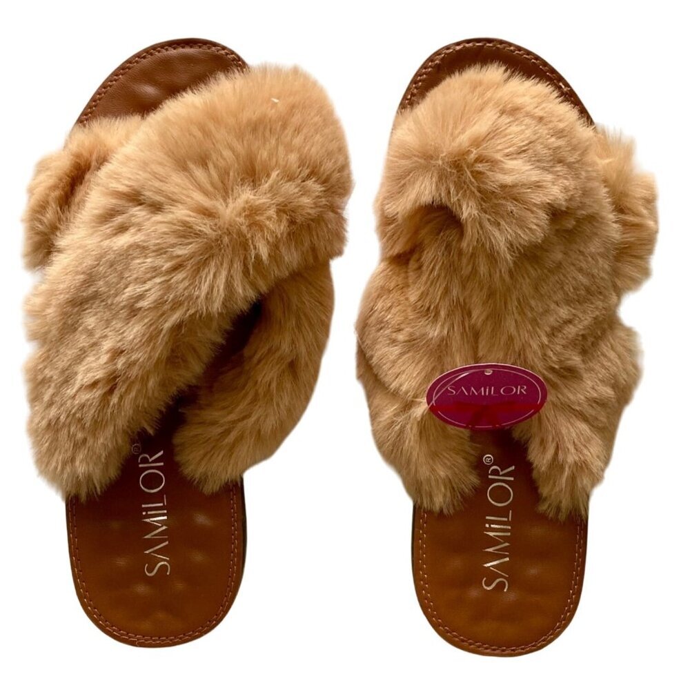 Samilor Fluffy Criss Cross Slippers Women's Size 7/8 NEW NWT
